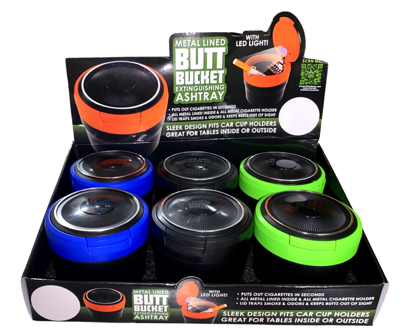 Metal Lined Butt Bucket Ashtray with LED Light - 6 Per Retail Ready Display 22594 SMOKEZILLA