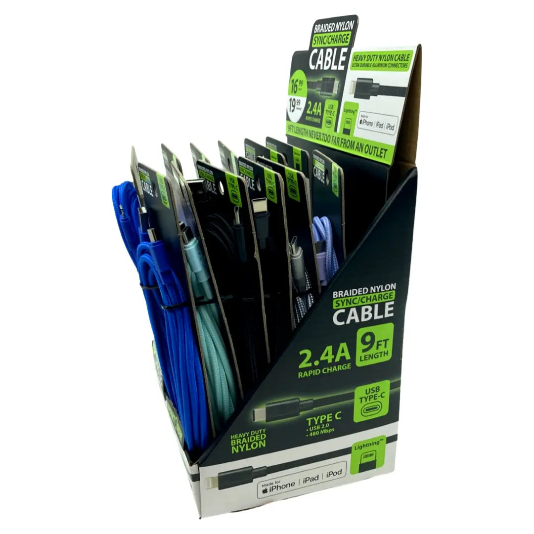 Charging Cable Braided Nylon Assortment 9FT 2.4 Amp - 12 Pieces Per Retail Ready Display 88254 GADGET GEAR