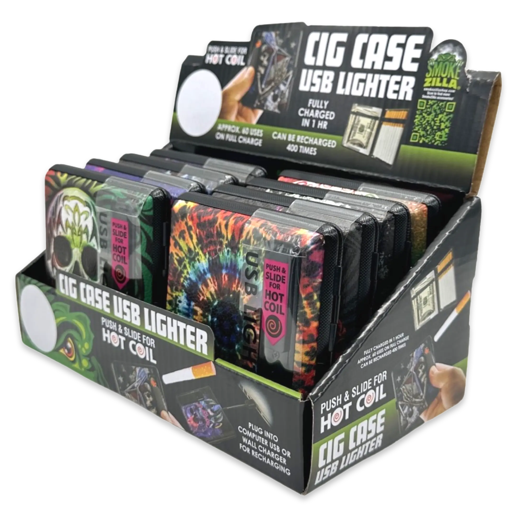 Cigarette Case with USB Coil Lighter - 8 Pieces Per Retail Ready Display 23521 SMOKEZILLA